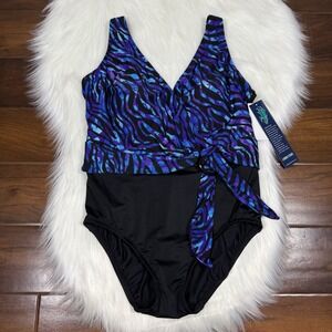 Longitude‎ Women's Size 12 Painted Safari Belted Surplice One Piece Swimsuit